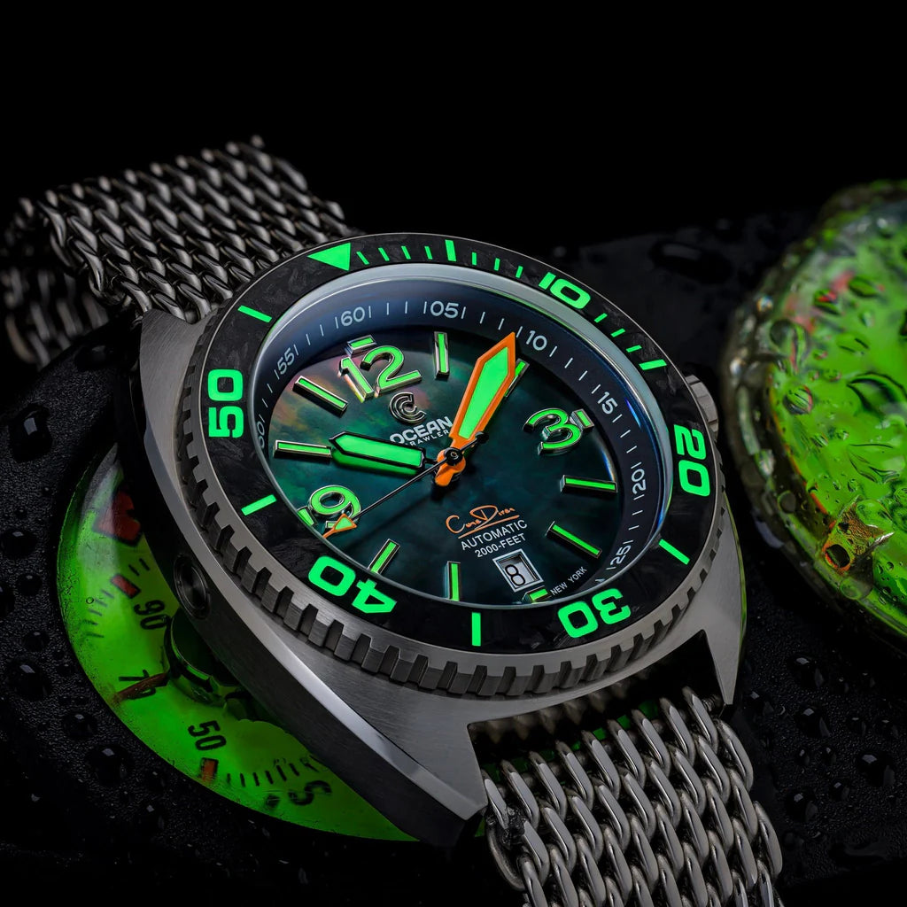 Ocean Crawler Core Diver - Black Mother of Pearl - Carbon Fiber Bezel - 2 Straps Included!